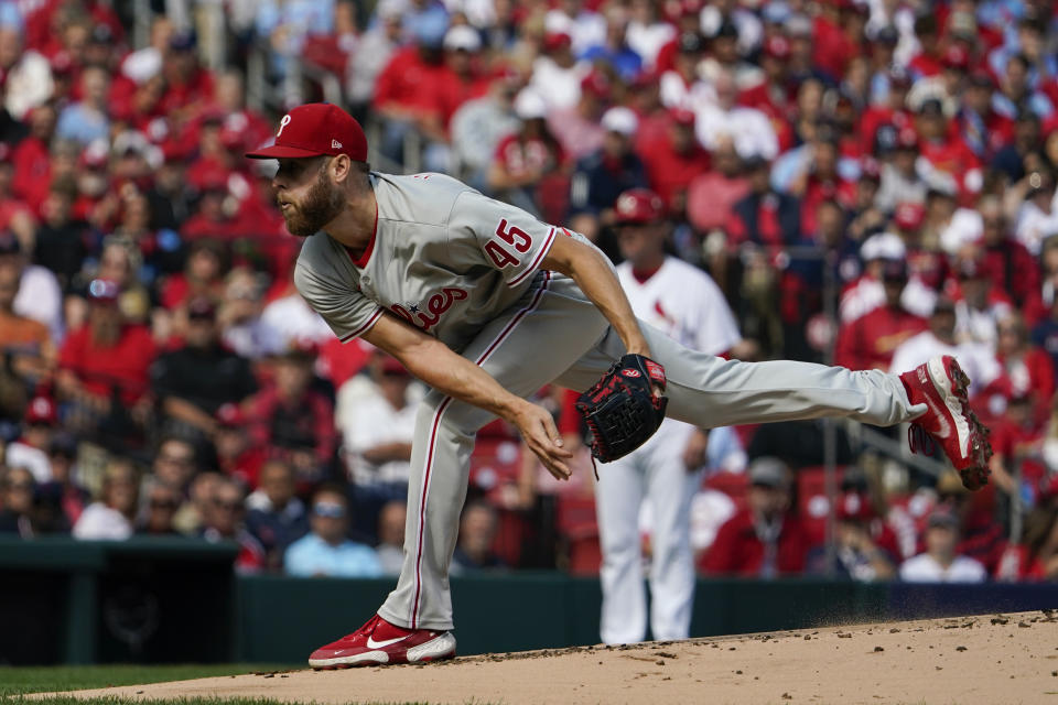 Philadelphia Phillies starting pitcher Zack Wheeler throws during the first inning in Game 1 of a National League wild card baseball playoff series against the St. Louis Cardinals, Friday, Oct. 7, 2022, in St. Louis. (AP Photo/Jeff Roberson)