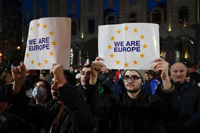Protesters hold placards saying: We Are Europe.