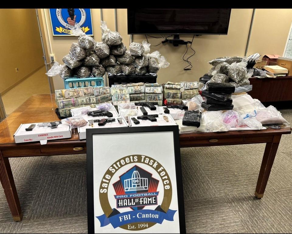 The FBI's Stark County Safe Streets Task Force executed a search warrant Friday at a Plain Township home near Meyers Lake and discovered large amounts of cocaine, fentanyl and marijuana in addition to six handguns, $1 million in cash and about $100,000 in jewelry, Canton Police said.