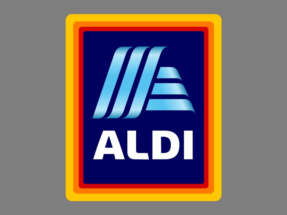 Aldi logo, global discount supermarket chain, graphic element on gray