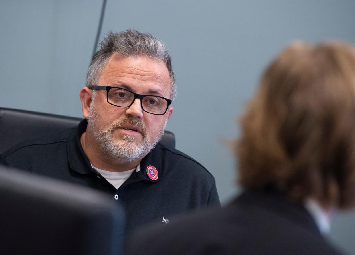 Toby Price, a former assistant principal at Gary Road Elementary School in Byram, Miss., testifies during an appeal hearing at the  Hinds County Public Schools administrative office building in Raymond, Miss., regarding his dismissal after reading the children's book, "I Need a New Butt," by Dawn McMillan, Monday, March 28, 2022. Price is appealing his dismissal.