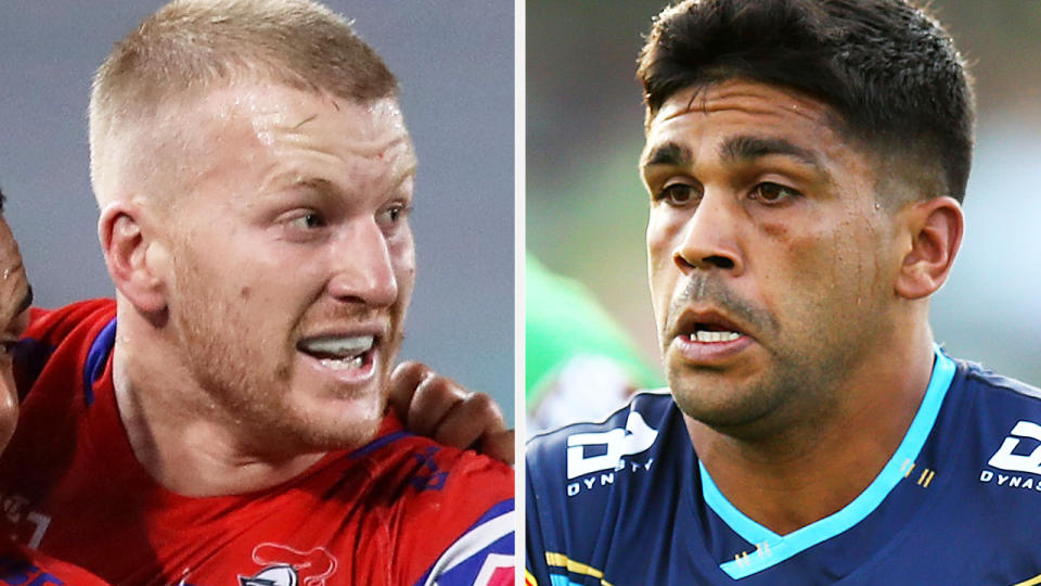 Newcastle's Mitchell Barnett and Gold Coast's Tyrone Peachey are pictured in a split 50-50 image.