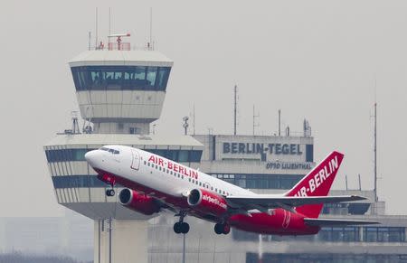 An Air Berlin passenger plane takes off from Tegel airport in Berlin, Germany, in this January 27, 2012 file photo. REUTERS/Thomas Peter/Files