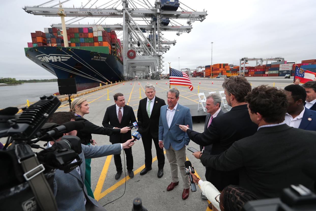 Georgia Governor Brian Kemp is joined by Congressmen Sam Graves (R-MO), Mike Collins (R-GA), and Buddy Carter (R-GA) during a special visit to the Port of Savannah on Monday, March 25, 2024.