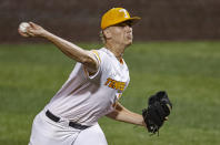 Tennessee pitcher Sean Hunley throws to an LSU batter during an NCAA college baseball super regional game Saturday, June 12, 2021, in Knoxville, Tenn. (AP Photo/Wade Payne)