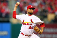 Edward Mujica #44 of the St. Louis Cardinals pitches in the seventh inning against the Washington Nationals during Game Two of the National League Division Series at Busch Stadium on October 8, 2012 in St Louis, Missouri. (Photo by Dilip Vishwanat/Getty Images)