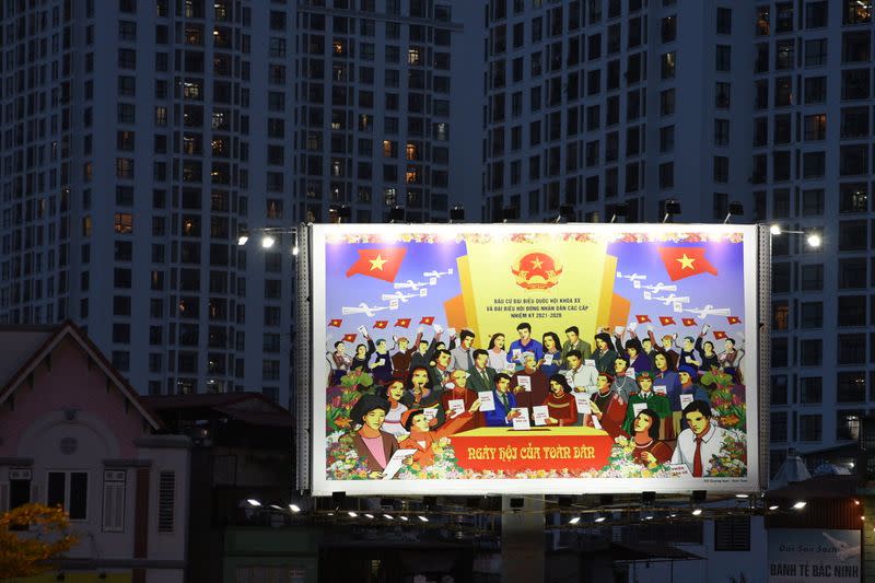 A billboard promoting Vietnam's National Assembly vote ahead of upcoming elections is seen on the street in Hanoi