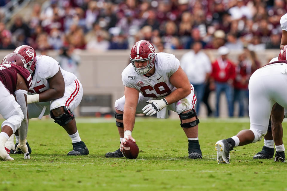 COLLEGE STATION, TX - OCTOBER 12: Alabama Crimson Tide offensive lineman Landon Dickerson (69) gets ready to snap the ball during the college football game between the Alabama Crimson Tide and Texas A&M Aggies on October 12, 2019 at Kyle Field in College Station, Texas.  (Photo by Daniel Dunn/Icon Sportswire via Getty Images)