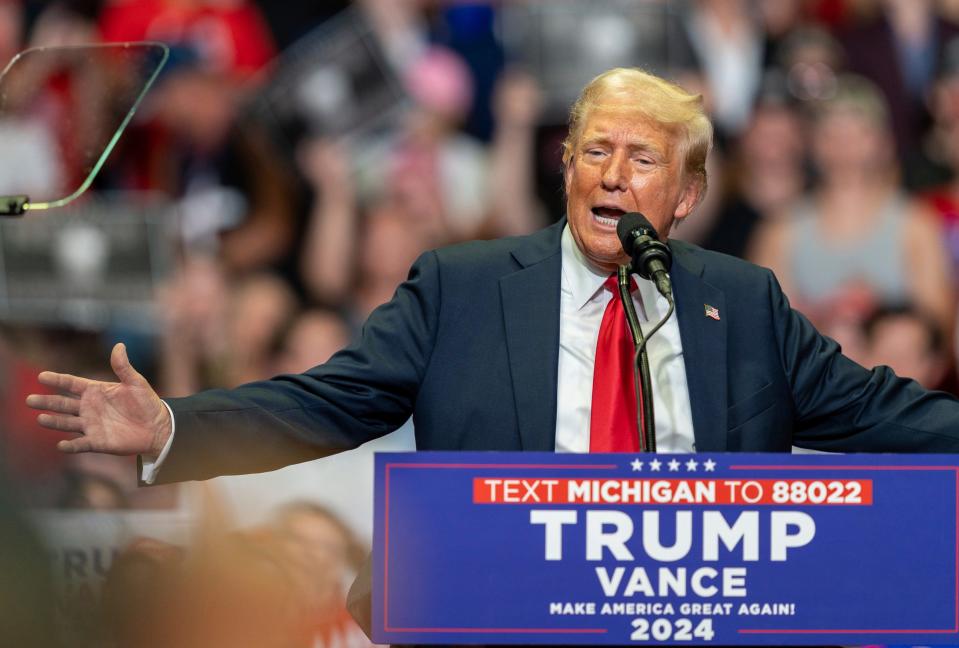 Former President Donald Trump speaks in front of thousands during a rally at the Van Andel Arena in Grand Rapids, Mich., on Saturday, July 20, 2024.