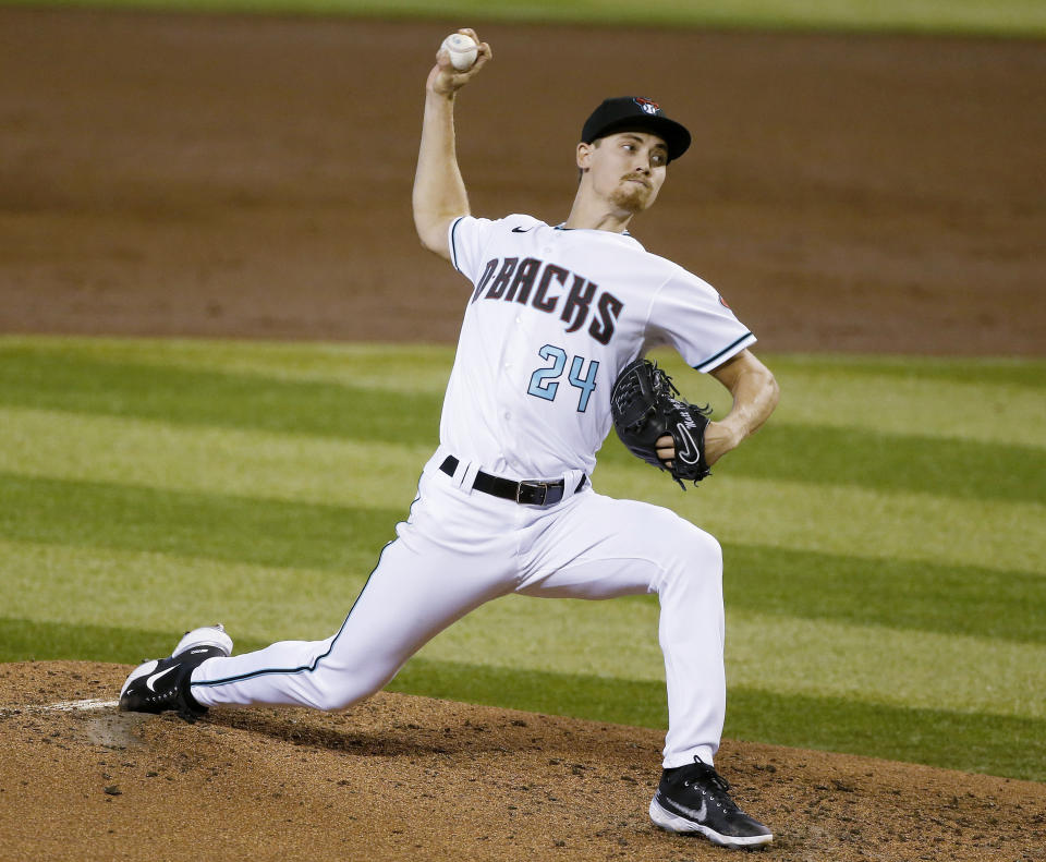 Arizona Diamondbacks' Luke Weaver delivers a pitch against the Oakland Athletics' during the second inning of a baseball game Tuesday, Aug. 18, 2020, in Phoenix. (AP Photo/Darryl Webb)