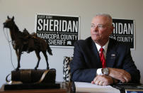 Long time law enforcement officer at the Maricopa County Sheriff's Office, Jerry Sheridan, is running for the position of Maricopa County Sheriff in the Republican primary, Wednesday, July 22, 2020, in Fountain Hills, Ariz. Former Maricopa County Sheriff Joe Arpaio is trying to win back the sheriff’s post in metro Phoenix that he held for 24 years. He faces his former second-in-command, Sheridan, in the Aug. 4 Republican primary in what has become his second comeback bid. (AP Photo/Ross D. Franklin)