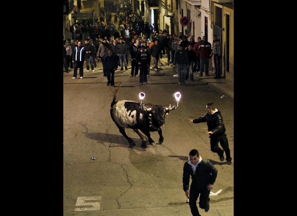 A reveler runs away from a bull with flaming horns during a festival in honor of Saint Anthony, the patron saint of animals, in the streets of Gilet, a town near Valencia, Spain, in the early hours of  Sunday, Jan. 15, 2012. (Alberto Saiz, AP)