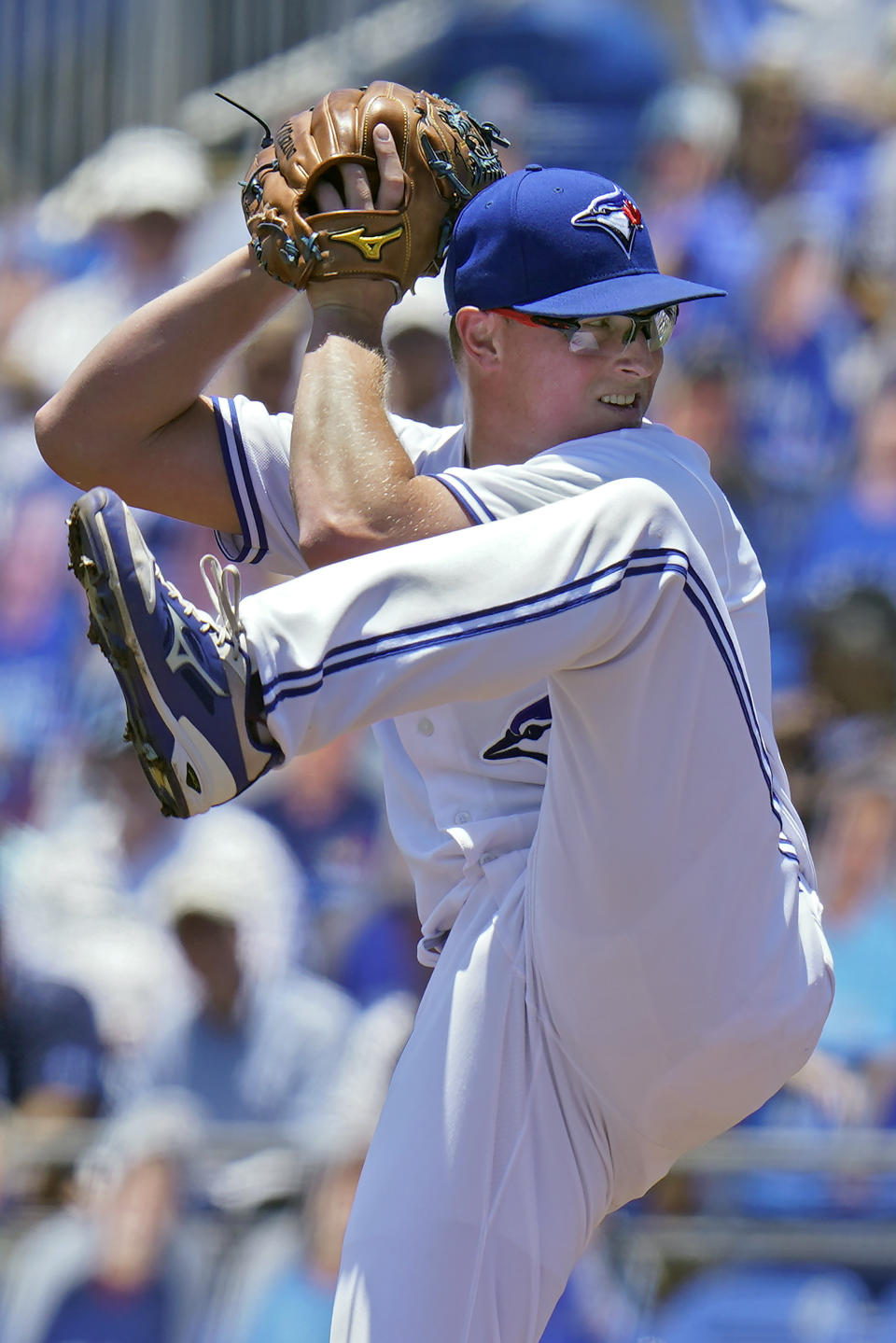 Toronto Blue Jays starting pitcher Trent Thornton goes into his windup against the Tampa Bay Rays during the first inning of a baseball game Monday, May 24, 2021, in Dunedin, Fla. (AP Photo/Chris O'Meara)