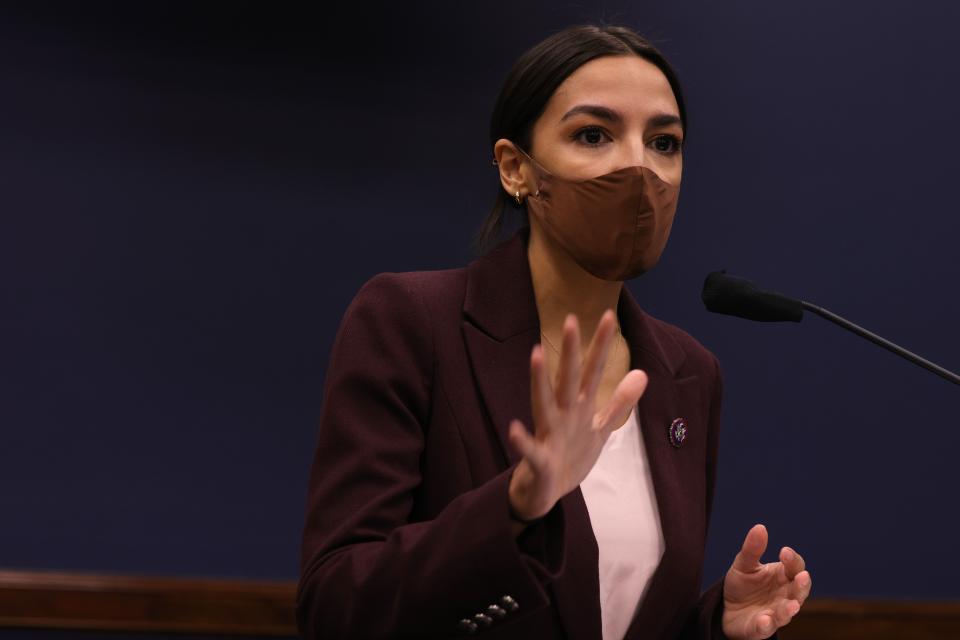 U.S. Rep. Alexandria Ocasio-Cortez (D-NY) speaks during a news conference to introduce the 