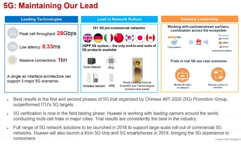 A slide from a Huawei presentation shows the company's development of 5G technology. (Photo: Huawei)