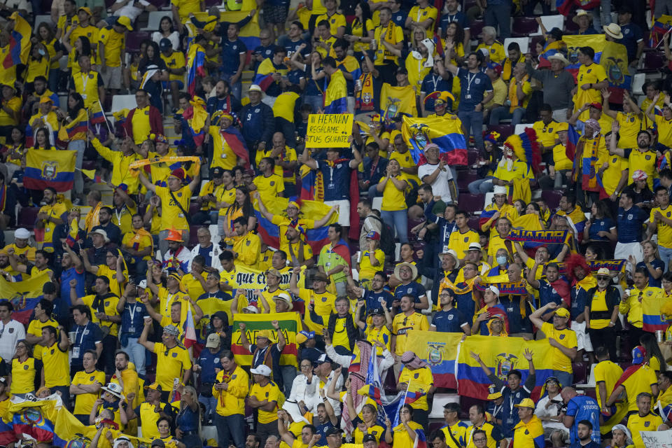 Supporters from Ecuador cheer their team prior the start the World Cup group A soccer match between Netherlands and Ecuador, at the Khalifa International Stadium in Doha, Qatar, Friday, Nov. 25, 2022. (AP Photo/Natacha Pisarenko)