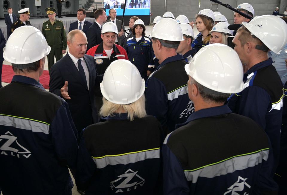 Russian President Vladimir Putin speaks to workers at the Zaliv shipyard in Kerch, Crimea, Monday, July 20, 2020. (Alexei Druzhinin, Sputnik, Kremlin Pool Photo via AP)