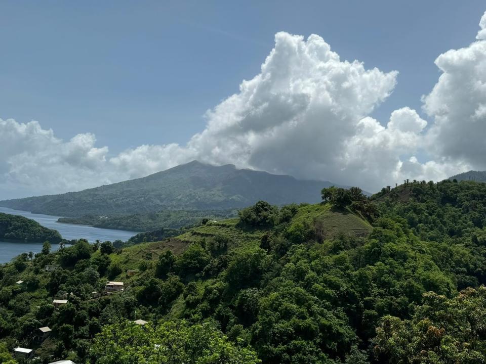 The view of a volcano on a greenery-covered island.