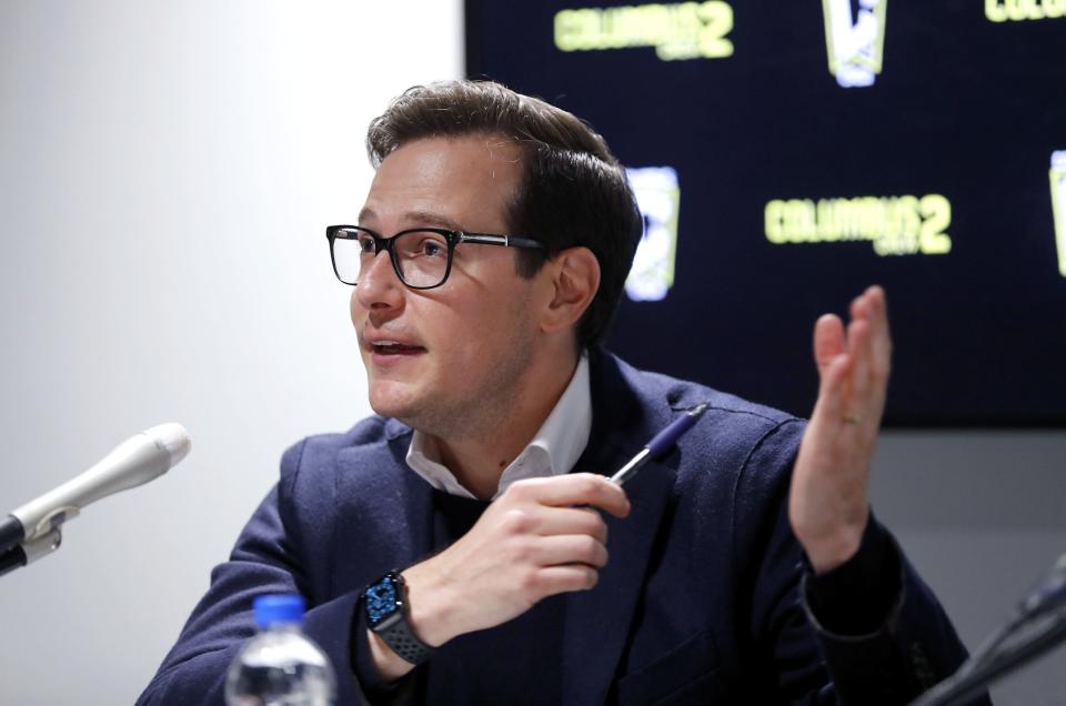 Dec 9, 2021; Columbus, OH, USA; Columbus Crew 2 general manager Corey Wray speaks to the media during the launch of the Columbus Crew 2 Developmental Team at OhioHealth Performance Center. Mandatory Credit: Joseph Maiorana-USA TODAY Sports