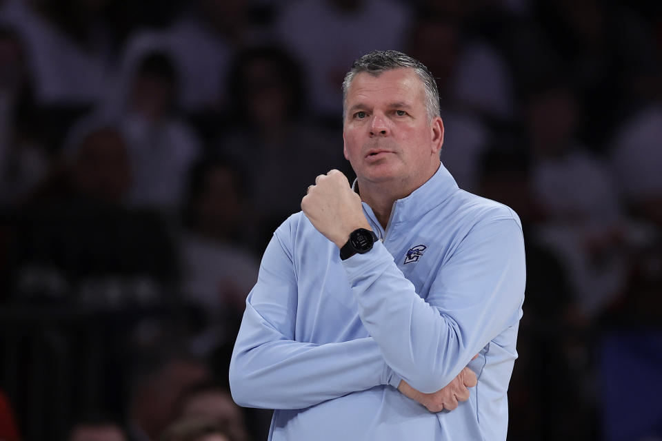 Creighton head coach Greg McDermott looks on against St. John's during the first half of an NCAA college basketball game Sunday, Feb. 25, 2024, in New York. (AP Photo/Adam Hunger)