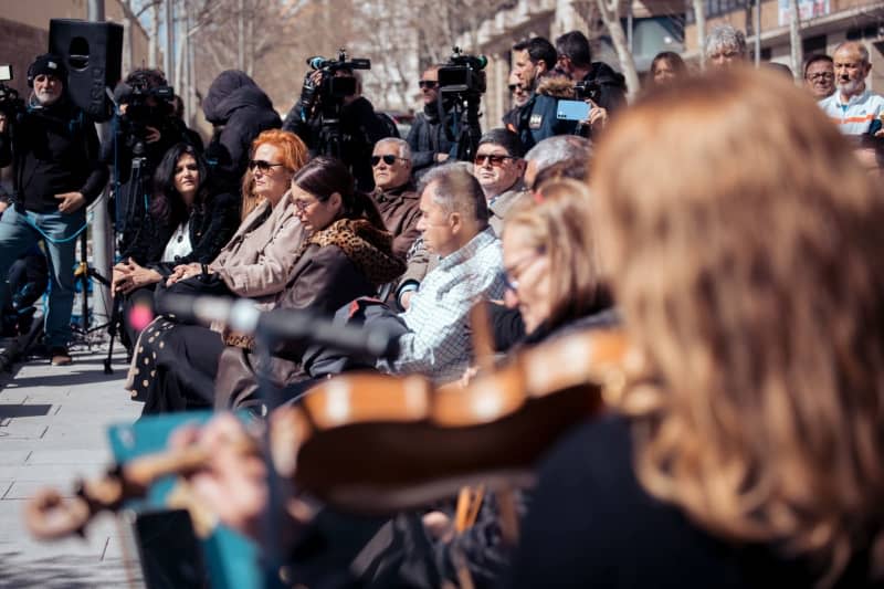 People attend a tribute for the victims of the 2004 Madrid train bombings, at the commemorative plaque in Tellez street in Madrid. Thousands of people in Spain attended events on Monday to mark the 20th anniversary of the worst terrorist attack in the country's history, when 10 bombs went off on full commuter trains in the Madrid region, killing 193 people and injuring almost 2,000. Gabriel Luengas/EUROPA PRESS/dpa