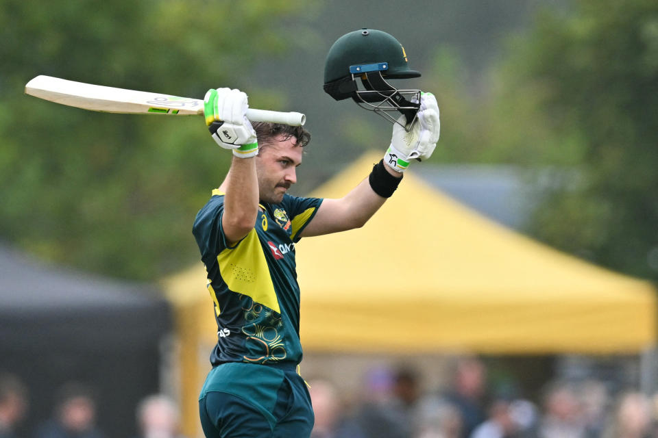 Australia's Josh Inglis celebrates his century during the second Twenty20 International cricket match between Scotland and Australia at the Grange Cricket Club in Edinburgh, Scotland, on September 6, 2024. (Photo by ANDY BUCHANAN / AFP) (Photo by ANDY BUCHANAN/AFP via Getty Images)