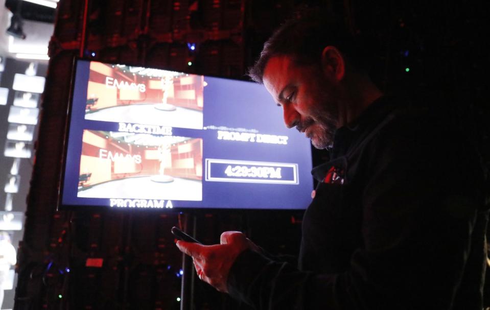 Emmys host Jimmy Kimmel backstage during rehearsals Friday.