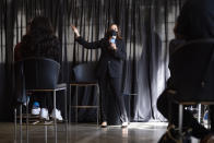 Democratic vice presidential candidate Sen. Kamala Harris, D-Calif., speaks to HBCU students during a campaign event, Friday, Oct. 23, 2020, in Atlanta. (AP Photo/John Amis)