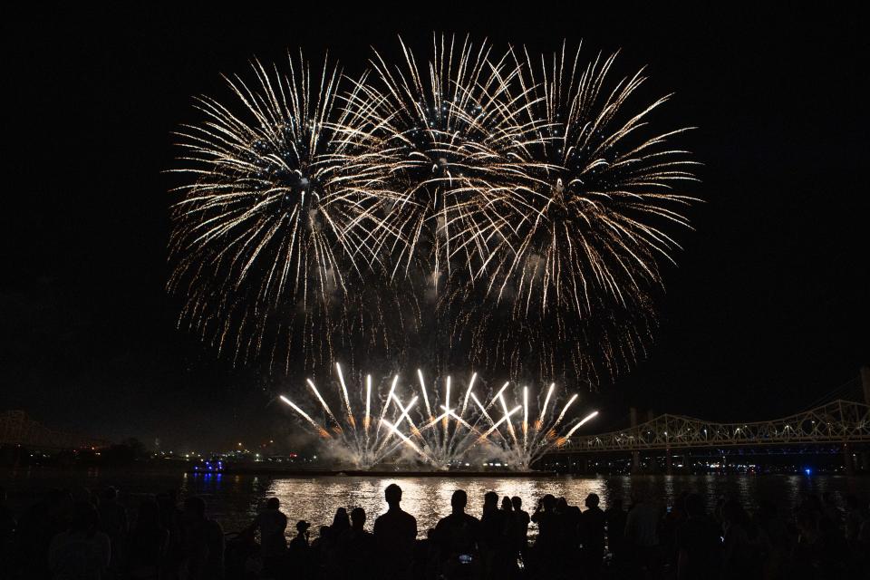 Spectators look on during the fireworks at Thunder Over Louisville on Saturday night. April 23, 2022