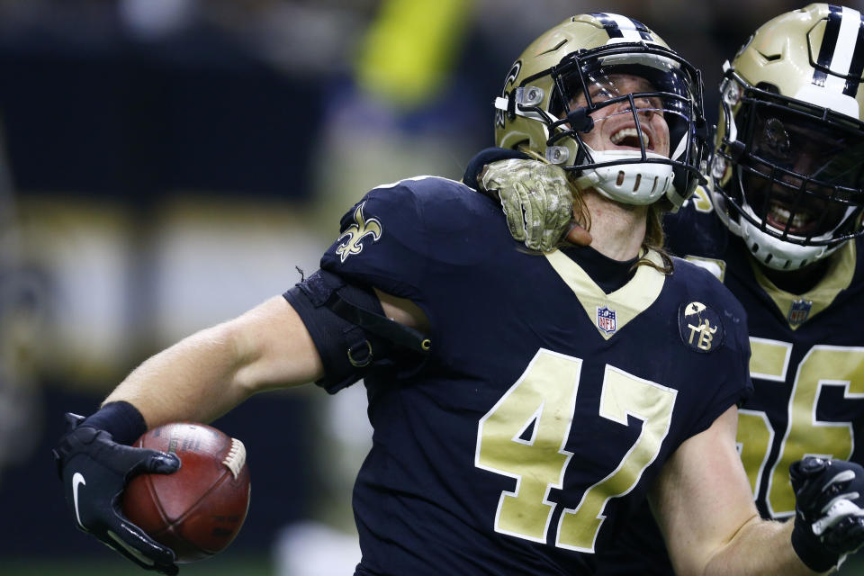 New Orleans Saints middle linebacker Alex Anzalone (47) celebrates his interception in the first half of an NFL football game against the Los Angeles Rams in New Orleans, Sunday, Nov. 4, 2018. (AP Photo/Butch Dill)