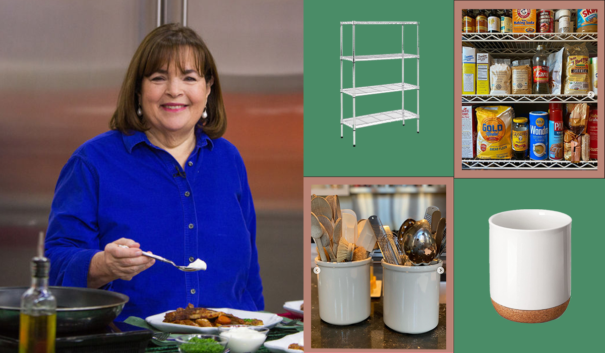 Ina Garten, two images of items in her pantry, a shelving unit and a utensil bin from Amazon