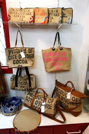 Bags are displayed inside the workshop of Ivory coast fashion designer Liliane Estievenart, 45, in Abidjan, Ivory Coast July 22, 2017. REUTERS/Thierry Gouegnon