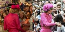 <p>Through the crowds of well-wishers in Sydney, Australia, Princess Diana could be spotted in a bright pink dress and fascinator. <em>The Crown </em>opted for a similar outfit when depicting the Princess interacting with people during a walkabout. </p>