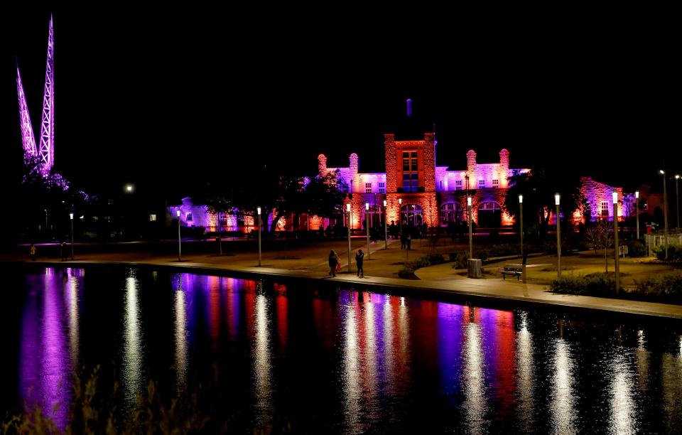 A holiday light show is displayed on the Union Station at Scissortail Park in Oklahoma City, Saturday, Nov. 28, 2020.