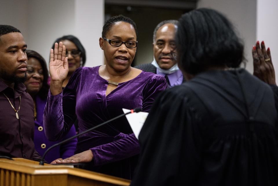 Newly elected District Court judge Rosalyn Hood is sworn in by Patricia Timmons-Goodson during her investiture ceremony at the Cumberland County Courthouse on Thursday, Jan. 5, 2023.