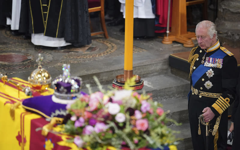 King Charles III during the funeral service of Queen Elizabeth II at Westminster Abbey.