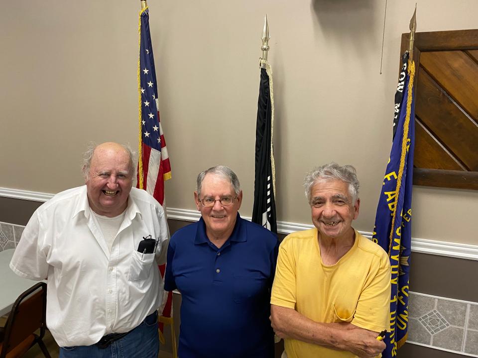 Members of Taunton's VFW Post 611 share a smile on Sept. 13, 2021 in run-up to the post's 100th birthday party. From left: Donald Cleary, Richard Enright and Ernest Cardoza.