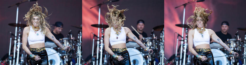 Composite image of Miley Cyrus performing on the Pyramid Stage on the fifth day of the Glastonbury Festival at Worthy Farm in Somerset.