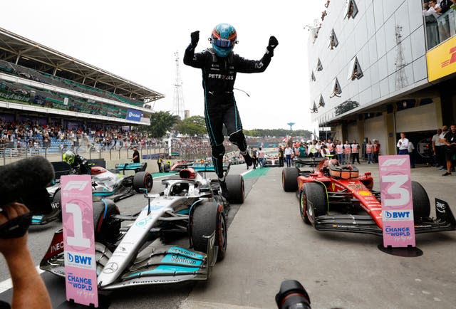 George Russell celebrates the first win of his Formula One career at the Brazilian Grand Prix 