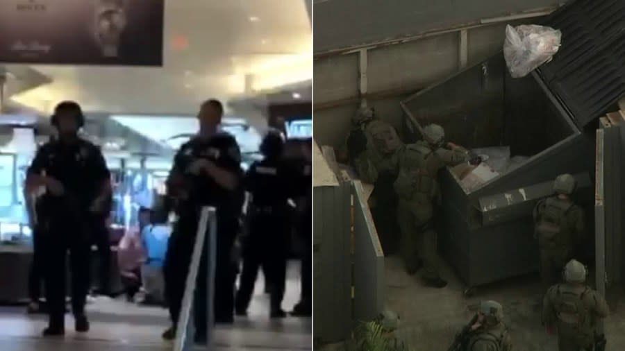 Cellphone video from inside the Del Amo mall in Torrance shows police responding to a shooting there, left, and aerial footage from Sky5 shows SWAT team members searching for the gunman at a nearby apartment complex on June 3, 2019.