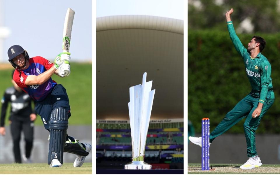 A composite image of Jos Buttler, the ICC World T20 trophy and Shaheen Shah Afridi - Getty Images