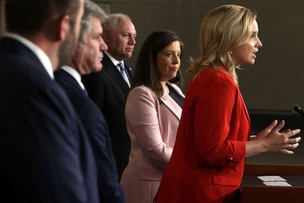PHOTO: Rep. Ashley Hinson speaks, as House Republican Conference Chair Rep. Elise Stefanik, Rep. Steve Scalise and Rep Michael McCaul listen, during a news conference at the U.S Capitol June 15, 2021 in Washington, DC. (Alex Wong/Getty Images, FILE)