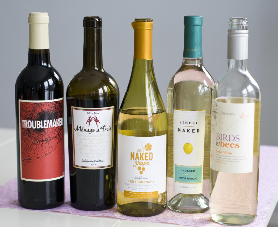 This Jan. 27, 2014 photo shows an assortment of wines in Concord, N.H. Bottles abound with labels that range from sweet to saucy. (AP Photo/Matthew Mead)
