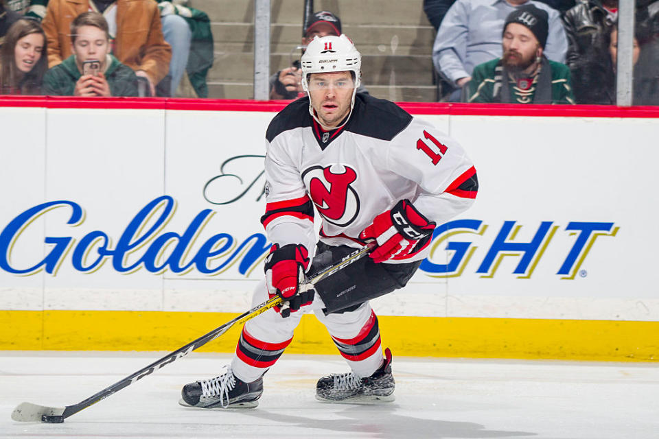 ST. PAUL, MN – JANUARY 17: P.A. Parenteau #11 of the New Jersey Devils skates with the puck against the Minnesota Wild during the game on January 17, 2017 at the Xcel Energy Center in St. Paul, Minnesota. (Photo by Bruce Kluckhohn/NHLI via Getty Images)