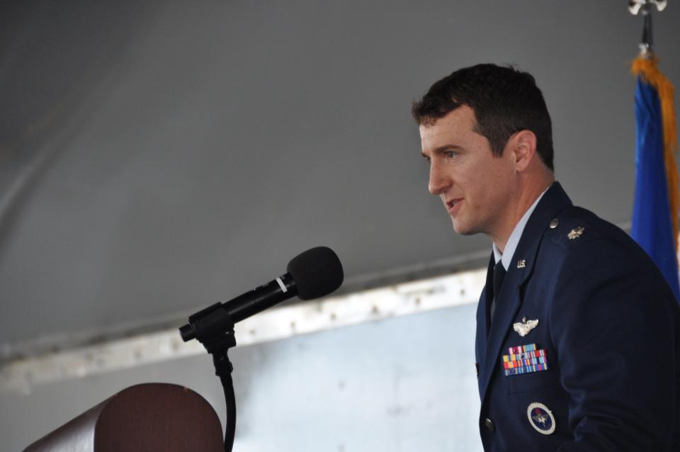 U.S. Air Force Lt. Col. Derek Cumbie, commander of the 58th Operations Group Detachment 3, speaks to the audience during the 58th OG Det. 3 activation ceremony Jan. 31, 2024, at Maxwell Air Force Base, Alabama. Cumbie also assumed command of the detachment as part of the ceremony.