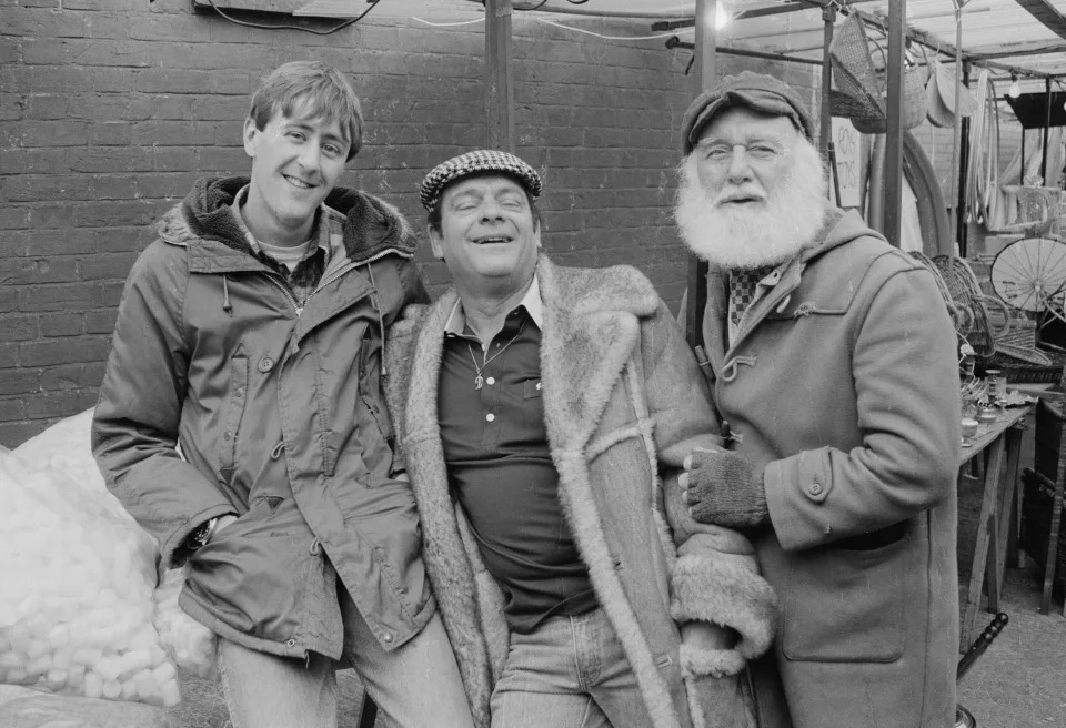 Actors (L-R) Nicholas Lyndhurst, David Jason and Buster Merryfield filming exterior scenes for the BBC television series 'Only Fools and Horses', May 13th 1986. (Photo by Don Smith/Radio Times via Getty Images)