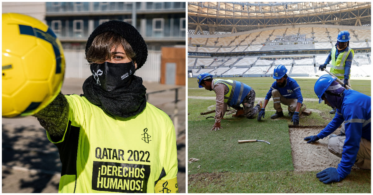 A Spanish protester (left) demanding the rights of migrant workers (right) at the Qatar World Cup. (PHOTOS: Getty Images. Reuters)