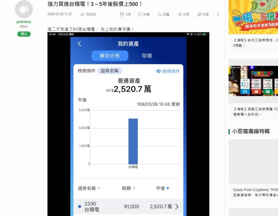 網友公開截圖顯示，3月份買91張台積電市值2520.7萬元。（圖／翻攝自Mobile01）