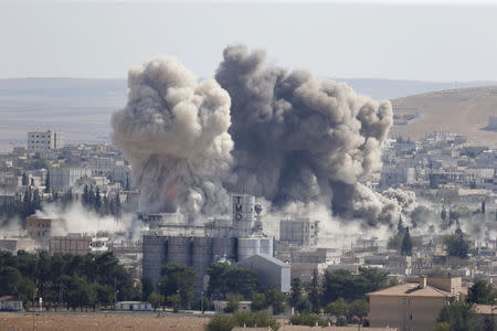 Smoke rises after an U.S.-led air strike in the Syrian town of Kobani Ocotber 8, 2014. REUTERS/Murad Sezer