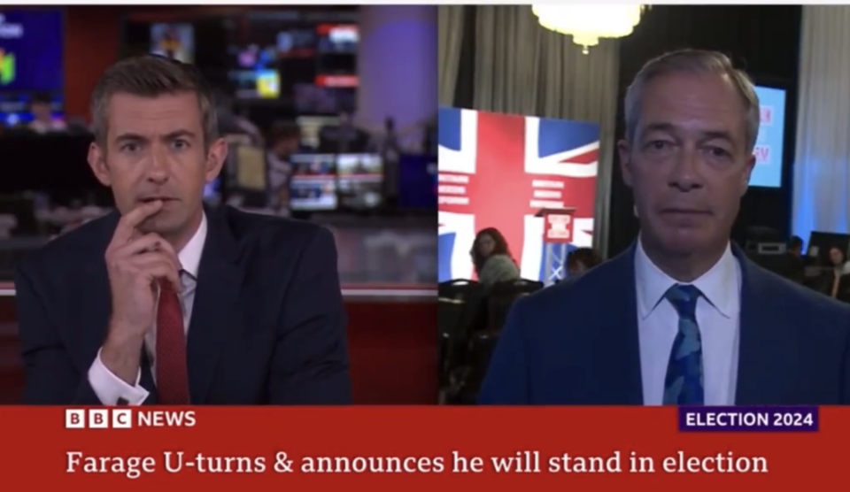 BBC News presenter Ben Thompson, left, was called 'very boring' by new Reform UK leader Nigel Farage, right. (BBC)